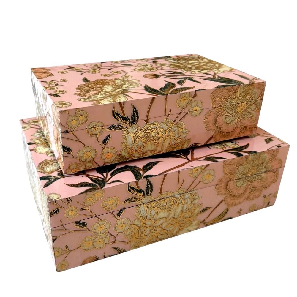 Pink Floral Resin & Wood Box Set of 2 Handcrafted in India Gold Accents NEW